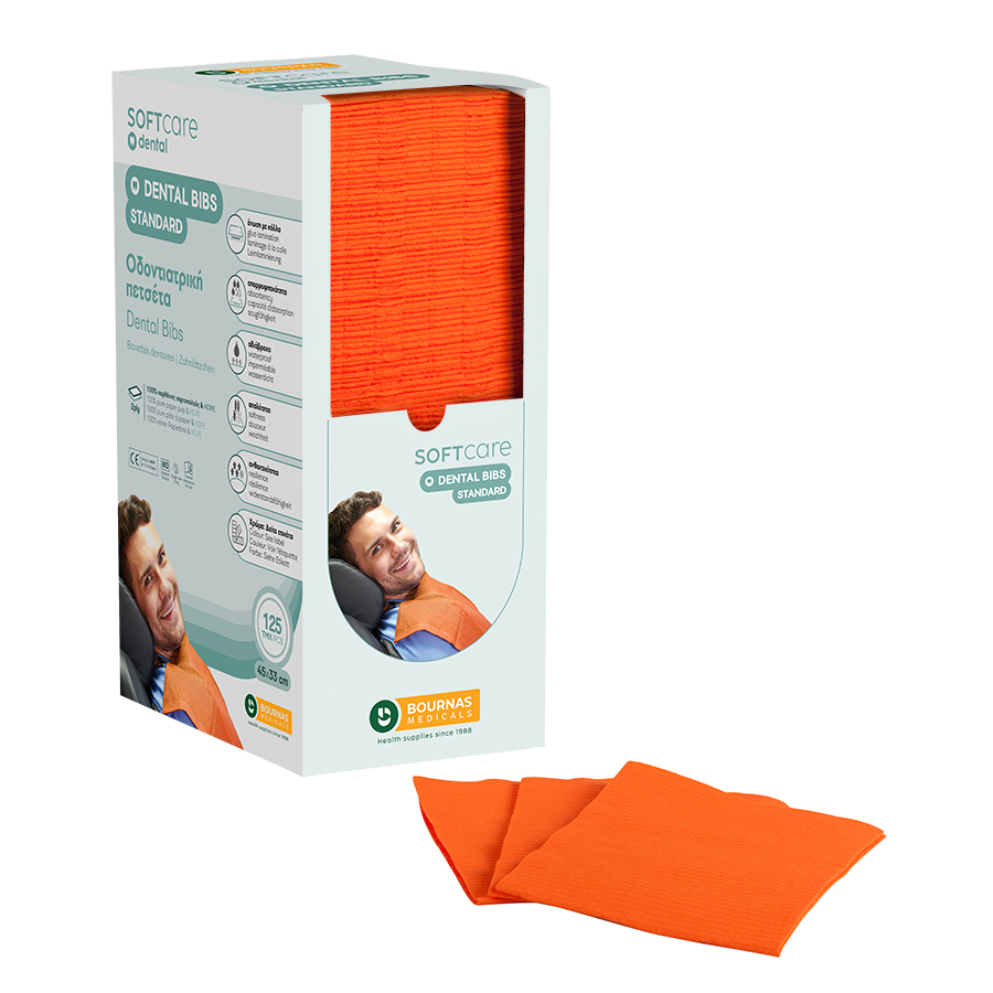 Hammaslääketieteelliset bibs pehmeä hoitostandardi 2PLY DISPENSER ORANGE (4 x 125 kpl)