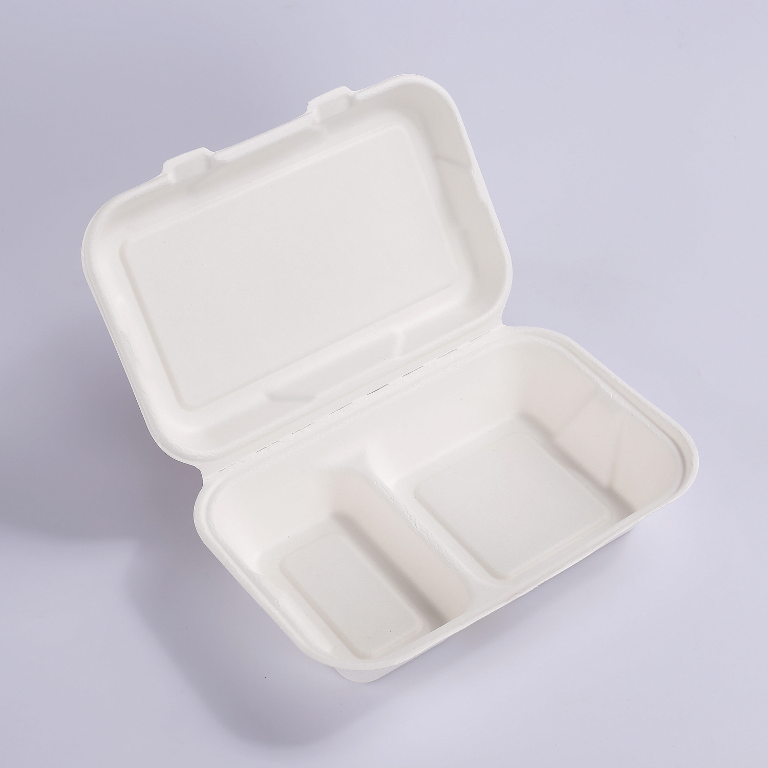 Kaksi lokeroa Bagasse -simpukka laatikko (230 x 152 mm), 50 kpl pakkausta kohti