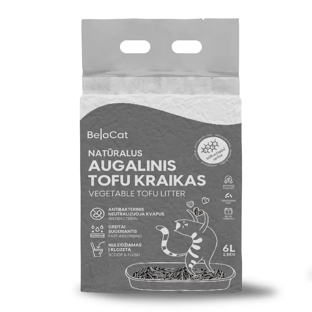 BeloCat TOFU luonnollinen kissanhiekka aktiivihiilellä | 6 l / 2,5 kg