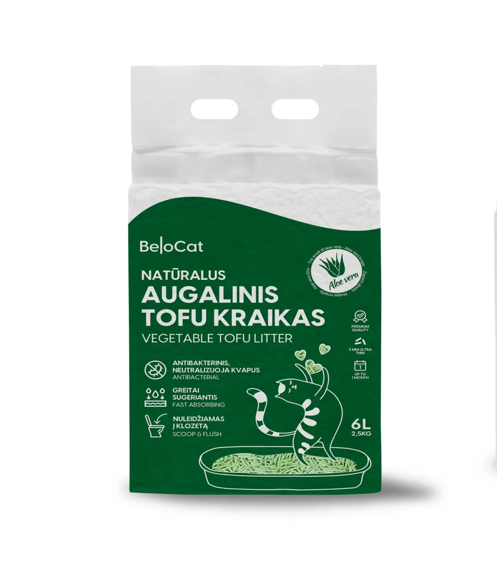 Kissanhiekka “Belocat” TOFU, 6 l / 2,5 kg (Aloe vera), 100 % luonnollinen