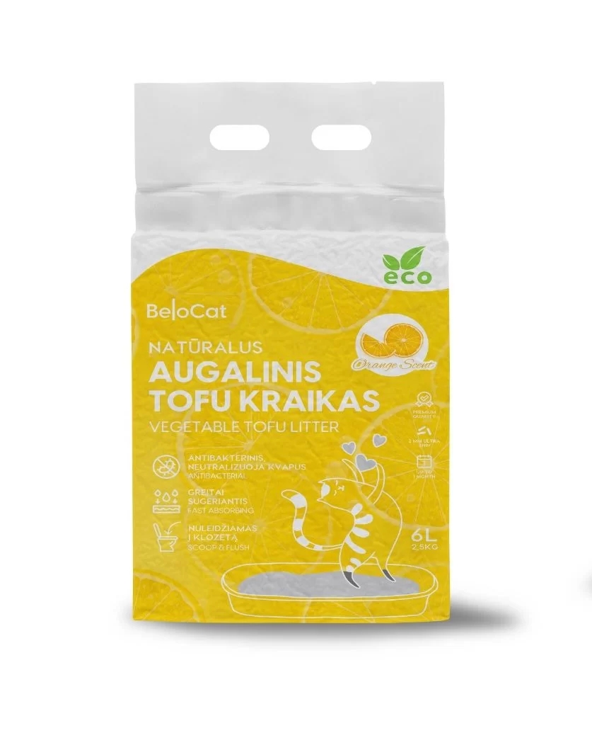 Kissanhiekka “Belocat” TOFU, 6 l / 2,5 kg (appelsiini), 100 % luonnollinen