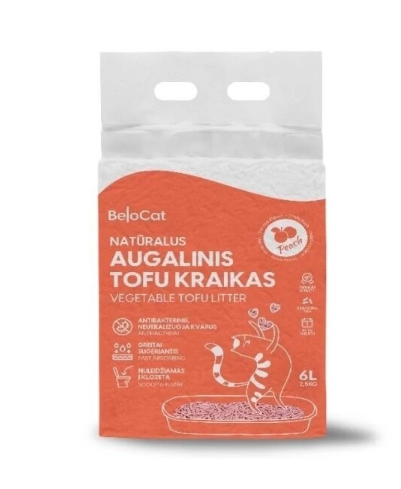 Kissanhiekka “Belocat” TOFU, 6 l / 2,5 kg (persikan tuoksuinen), 100 % luonnollinen