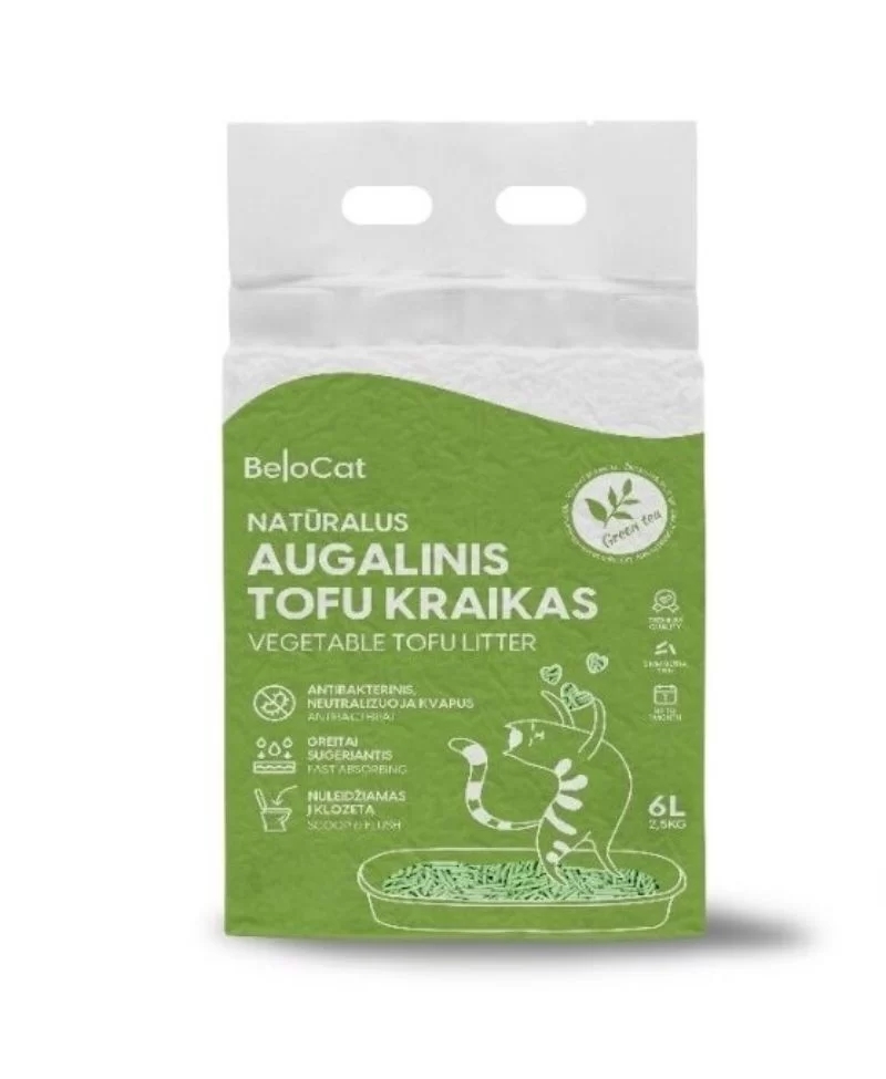 Kissanhiekka “Belocat” TOFU, 6 l / 2,5 kg (vihreän teen tuoksuinen), 100 % luonnollinen