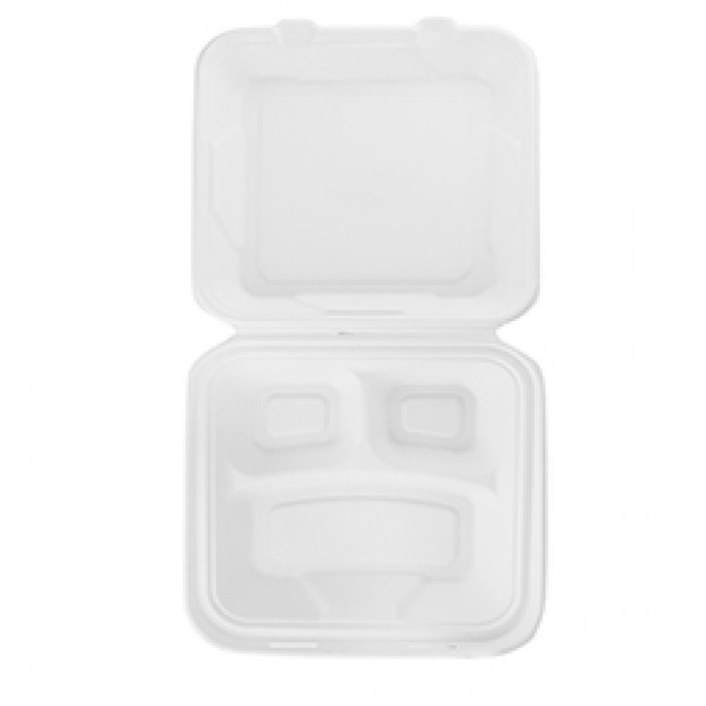 Bagasse 3-comp -lounaslaatikko, 235 x 235 mm, 50 kpl per pakkaus