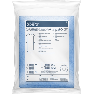 Opero -kirurginen puku, joka on valmistettu SMMMS: stä kuitukankaasta, steriili