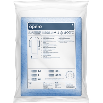Opero -kirurginen puku, joka on valmistettu spunacen kudotusta kankaasta, vahvistettu, steriili